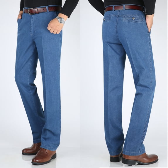 ZHOGXU Mens Jeans High Waist Straight Fit Stretch Slim Fit Denim Pants With Pockets For Daily Wear Light Blue 33
