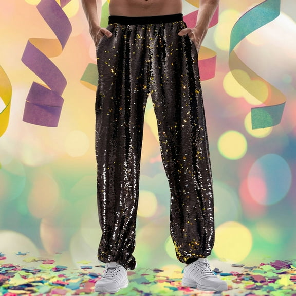 ZHOGXU Mens Pants Elastic Waisted Solid Color Carnival Glitter Sequins Ankle Tied Fashion Comfortable Trousers For Daily Wear Black L