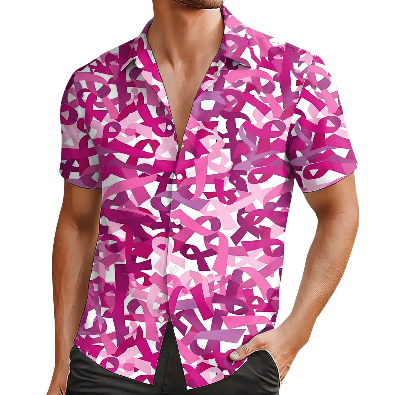 ZHOGXU Mens Shirts Cancer Awareness Graphic Short Sleeve Button Down ...