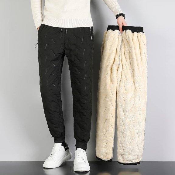 ZHOGXU Mens Sweatpants Drawstring Elastic Waisted Solid Color Winter Warm Thick Plush Lined Pants Thermal Joggers With Zipper Pockets Black L