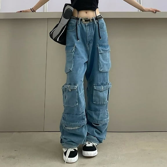 ZHOGXU New Ladies Jeans With Pockets Solid Color Distressed Wide Leg Fashion Comfortable Loose Fit Denim Pants Trousers For Daily Wear,Blue,Xl