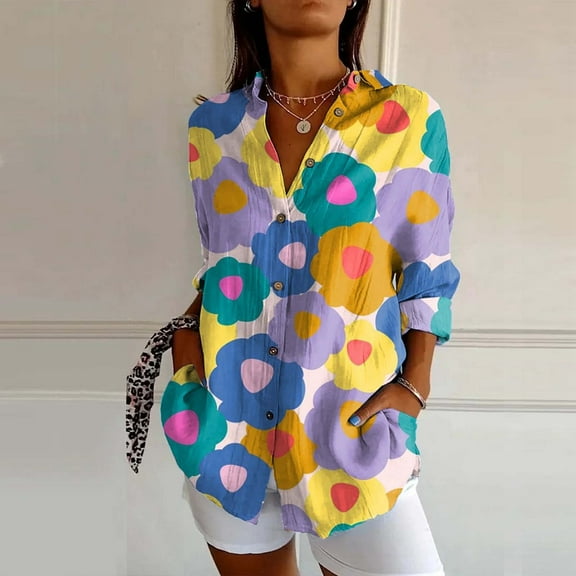 ZHOGXU New Women's Blouse Long Sleeve Turndown Collar Buttons Flower Printed Fashionable Breathable Shirts Top For Casual Daily Wear,Light Yellow,S