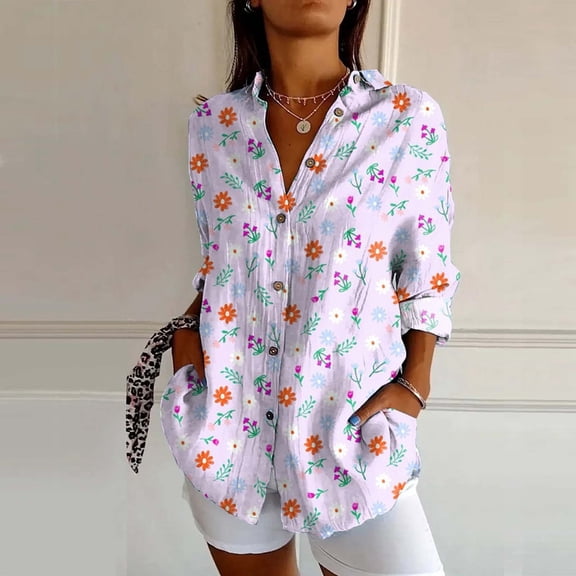 ZHOGXU New Women's Blouse Long Sleeve Turndown Collar Buttons Flower Printed Fashionable Breathable Shirts Top For Casual Daily Wear,Purple,L