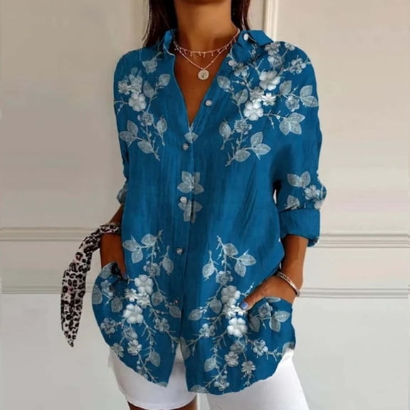 ZHOGXU New Women's Blouse Long Sleeve Turndown Collar Buttons Flower Printed Fashionable Breathable Shirts Top For Casual Daily Wear,Sky Blue,Xl