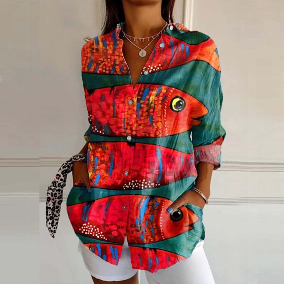 ZHOGXU New Women's Blouse Long Sleeve Turndown Collar Buttons Printed Fashionable Breathable Shirts Top For Casual Daily Wear,Brick Red,L