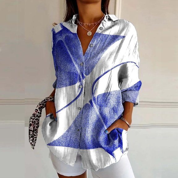 ZHOGXU New Women's Blouse Long Sleeve Turndown Collar Buttons Printed Fashionable Breathable Shirts Top For Casual Daily Wear,Dark Blue,Xxxxxl