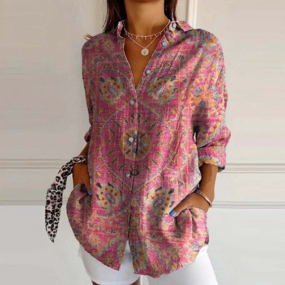 ZHOGXU New Women's Blouse Long Sleeve Turndown Collar Buttons Printed Fashionable Breathable Shirts Top For Casual Daily Wear,Red,S