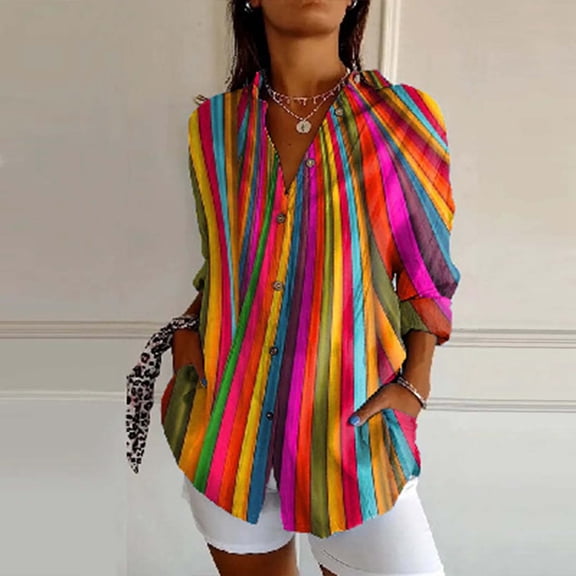 ZHOGXU New Women's Blouse Long Sleeve Turndown Collar Buttons Striped Printed Fashionable Breathable Shirts Top For Casual Daily Wear,Hot Pink,S