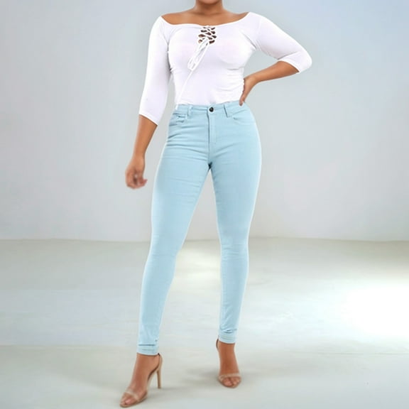 ZHOGXU New Women's Jeans With Pocket Solid Color High Waist Skinny Fashion Stretch Denim Pants Trousers For Daily Wear,Blue,Xxl