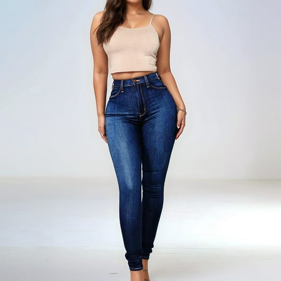 ZHOGXU New Women's Jeans With Pocket Solid Color High Waist Skinny Fashion Stretch Denim Pants Trousers For Daily Wear,Dark Blue,Xl