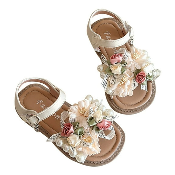 ZHOGXU Girls Summer Sandals With Adjustable Straps Open Toe Flower Design On Soft Comfortable Breathable Flat Shoes For Everyday Wear,White,11-12 Years