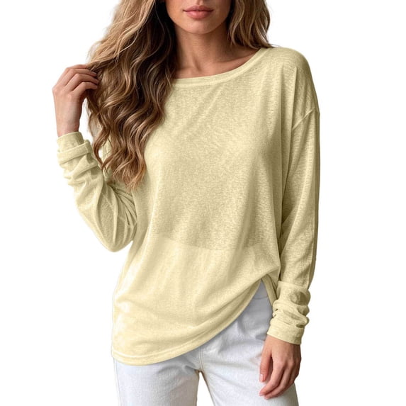 ZHOGXU Sheer Long Sleeve T Shirts For Women Loose Fit Lightweight O Neck Basic Tee Tops Outdoor,Travel,Vacation,Yellow