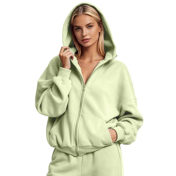 ZHOGXU Soft Womens Zip Up Hoodie Sweatshirt Solid Color Long Sleeve Tops Relaxed Fit Ribbed Cuffs With Pocket Office Casual Daily
