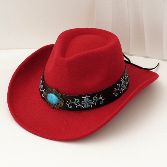 ZHOGXU Stylish Unisex Cowboy Hat With Buckle Belt Ethnic Style For Holiday Vacation And Party Wear Elegant Fashion Caps Red One Size