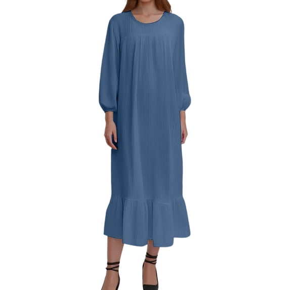 ZHOGXU Stylish Womens Midi Dresses Solid Color Round Neck Long Sleeve Regular Fit Ruffle Hem Weekend Outdoor Wear