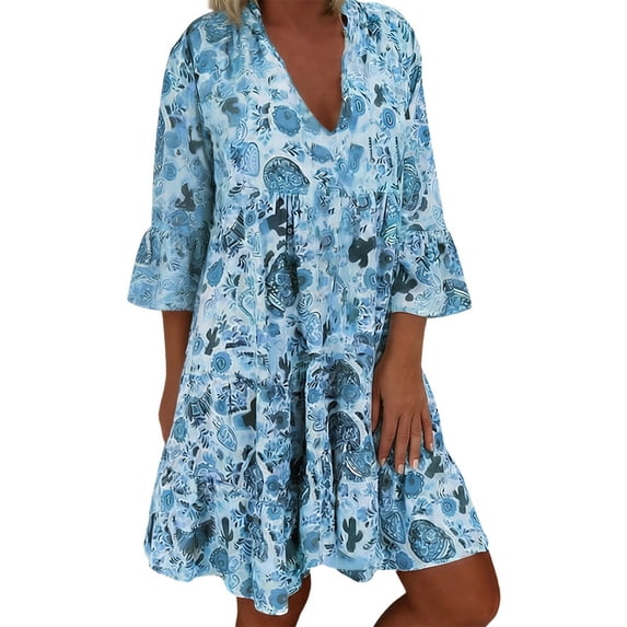 ZHOGXU Summer Dresses For Women Floral Print 3/4 Sleeve V Neck Midi Dress Elegant Casual Dress,Blue,XXXL