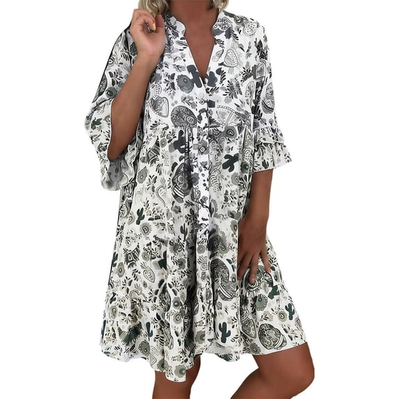 ZHOGXU Summer Dresses For Women Floral Print 3/4 Sleeve V Neck Midi Dress Elegant Casual Dress,Grey,XXXXL