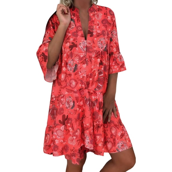 ZHOGXU Summer Dresses For Women Floral Print 3/4 Sleeve V Neck Midi Dress Elegant Casual Dress,Red,L
