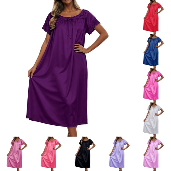 ZHOGXU Summer Dresses For Women Short Sleeve Round Neck Solid Color Midi Length Loose Fit Nightdress For Everyday Wear,Dark Purple,One Size