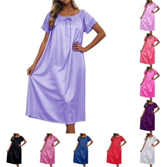 ZHOGXU Summer Dresses For Women Short Sleeve Round Neck Solid Color Midi Length Loose Fit Nightdress For Everyday Wear,Light Purple,One Size
