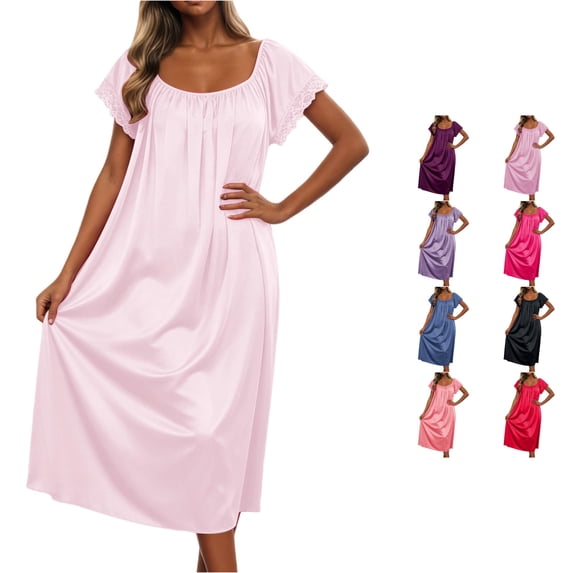 ZHOGXU Summer Dresses For Women Short Sleeve Solid Color Lace Trim Midi Length Loose Fit Nightdress For Everyday Wear,Light Pink,One Size