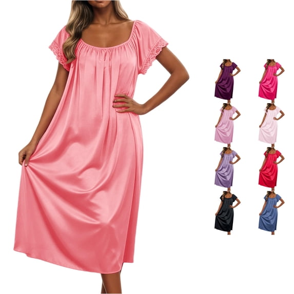 ZHOGXU Summer Dresses For Women Short Sleeve Solid Color Lace Trim Midi Length Loose Fit Nightdress For Everyday Wear,Watermelon Red,One Size