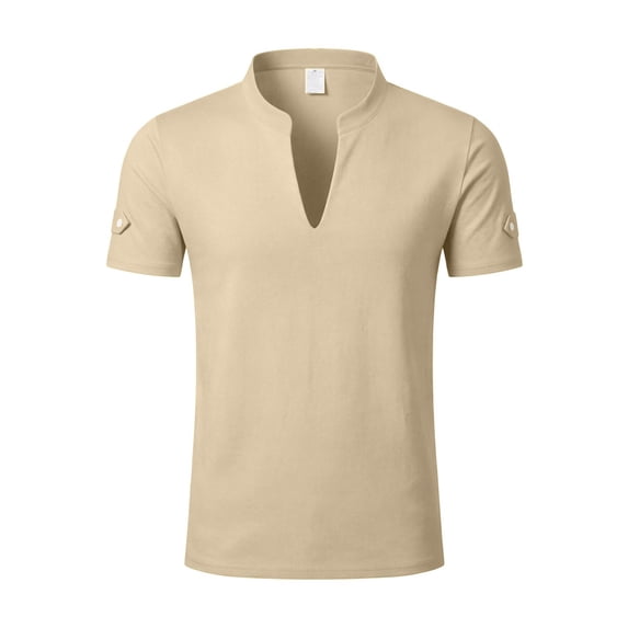 ZHOGXU Summer Loose Fit Short Sleeve Stand Collar V Neck Breathable Men's T Shirts Comfortable Everyday Wear