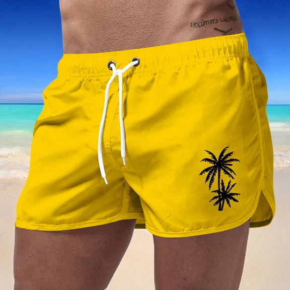 ZHOGXU Summer Men's Sports Shorts Coconut Tree Printed Drawstring Elastic Waist Comfortable Fashion Leisure Shorts For Holiday Vacation Beach,Yellow,M