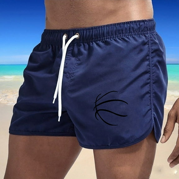 ZHOGXU Summer Men's Sports Shorts Printed Drawstring Elastic Waist Comfortable Fashion Leisure Shorts For Holiday Vacation Beach,Dark Blue,L