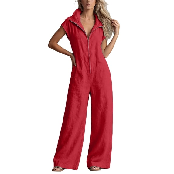 ZHOGXU Summer Overalls For Women Short Sleeve Zip Up Jumpsuits Relaxed Fit Wide Leg Rompers For Work,Red,XXXL