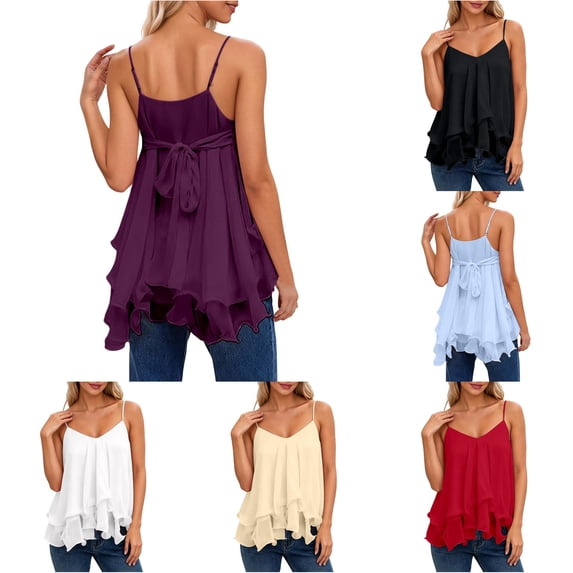 ZHOGXU Tank Top For Women Sleeveless V Neck Spaghetti Strap Solid Color Summer Lightweight Breathable Vest Top For Everyday Wear,Purple,S