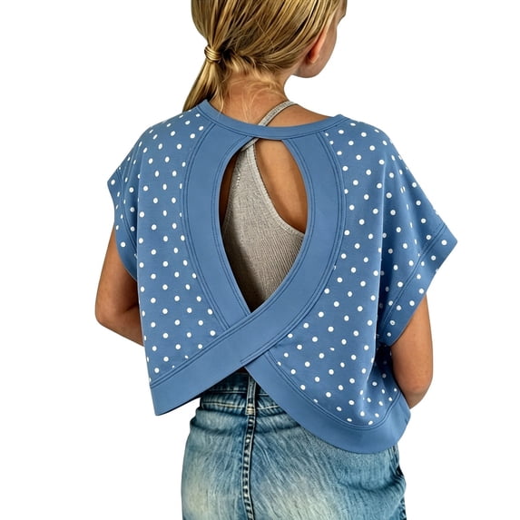 ZHOGXU Teen Girls Little Polka Dot Print Shirt Back Cutout Design Batwing Sleeve Crop Fashion Top For Junior Casual Daily Wear,Blue1,13-14 Years