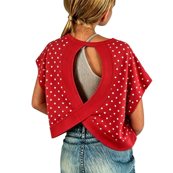 ZHOGXU Teen Girls Little Polka Dot Print Shirt Back Cutout Design Batwing Sleeve Crop Fashion Top For Junior Casual Daily Wear,Red1,15-16 Years
