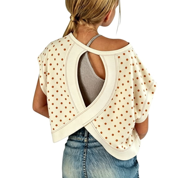 ZHOGXU Teen Girls Little Polka Dot Print Shirt Back Cutout Design Batwing Sleeve Crop Fashion Top For Junior Everyday Wear,Light Yellow,15-16 Years