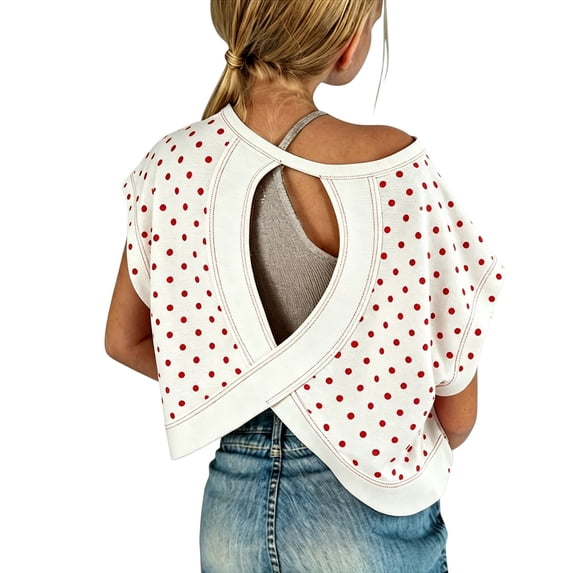 ZHOGXU Teen Girls Little Polka Dot Print Shirt Back Cutout Design Batwing Sleeve Crop Fashion Top For Junior Everyday Wear,Red2,15-16 Years