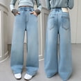 thumbnail image 1 of ZHOGXU Kids Girls Denim Pants With Pockets Elastic Waist Solid Color Straight Leg Wide Leg Fashion Comfortable Jeans Trousers For Casual Daily Wear,Light Blue,4-5 Years, 1 of 9