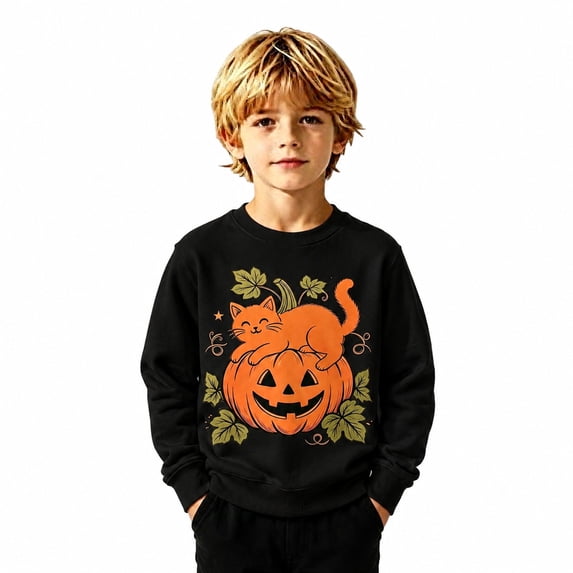 ZHOGXU Toddler Boys Girls Halloween Pullover Pumpkin Black Cat Print Crewneck Sweatshirts Kids Outerwear Tops School Wear,Black,3-4 Years