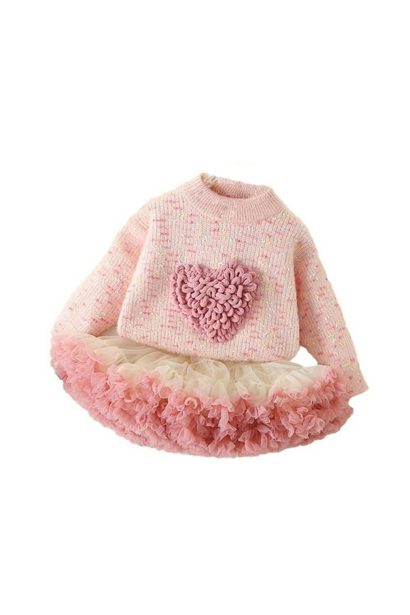 Toddler Girl'S 2 Piece Outfits Long Sleeve Love Heart Printed Knit Pullover Sweater Tops Mesh Tutu Skirts Casual Spring Sets Tracksuits,Pink,4-5 Years
