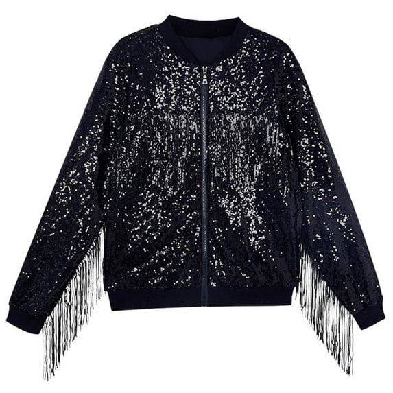 ZHOGXU Toddler Girls Cute Loose Jackets Solid Color Sequin Long Sleeve Zip Up Fashion Coat With Tassels For Casual Daily Wear,Black,10-12 Years