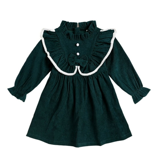 ZHOGXU Toddler Girls Long Sleeve Stand Collar Dresses Bowknot Ruffles Princess Dress Clothes Casual Daily Wear，Green，12-18 Months