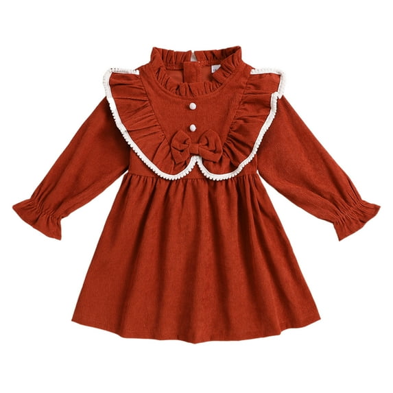 ZHOGXU Toddler Girls Long Sleeve Stand Collar Dresses Bowknot Ruffles Princess Dress Clothes Casual Daily Wear,Orange,3-4 Years