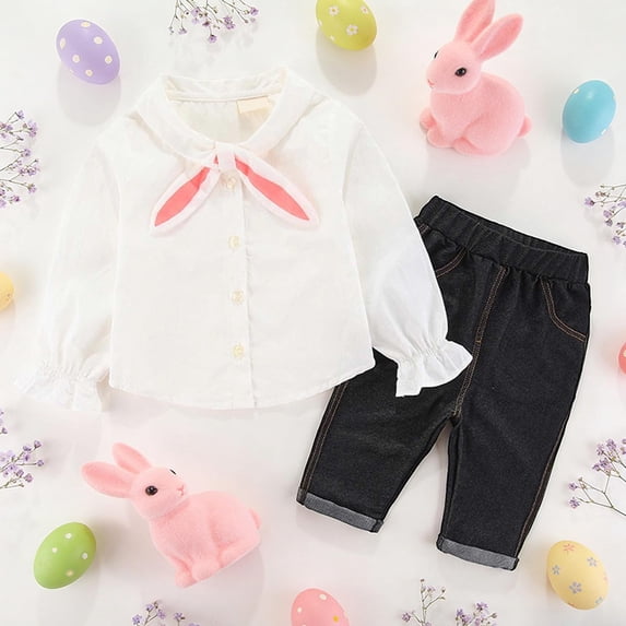 ZHOGXU Toddler Girls Outfit Long Sleeve Bunny Ear Design Blouse And Rolled Hem Jeans Stylish Two Piece Comfortable Sets For Casual Daily Wear,Black,2-3 Years