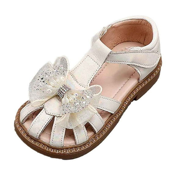 ZHOGXU Toddler Girls Sandals With Adjustable Straps Bowtie Soft Sole Closed Toe Slip On Comfortable Shoes For Everyday Wear,Beige,2-2.5 Years