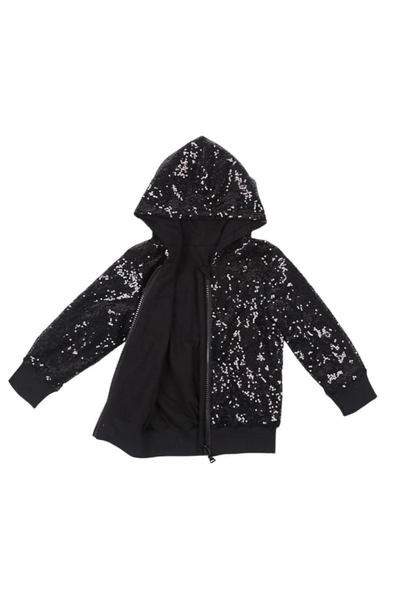 Toddler Girls Sequin Hooded Jackets Solid Color Sequin Long Sleeve Zip Up Fashion Coat For Casual Daily Wear,Black,7-8 Years