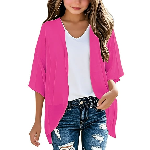 ZHOGXU Toddler Girls Summer Cardigan Tops Solid Color Open Front Short Sleeve Comfortable Lightweight Sun Protection Tee For Everyday Wear,Hot Pink,9-10 Years