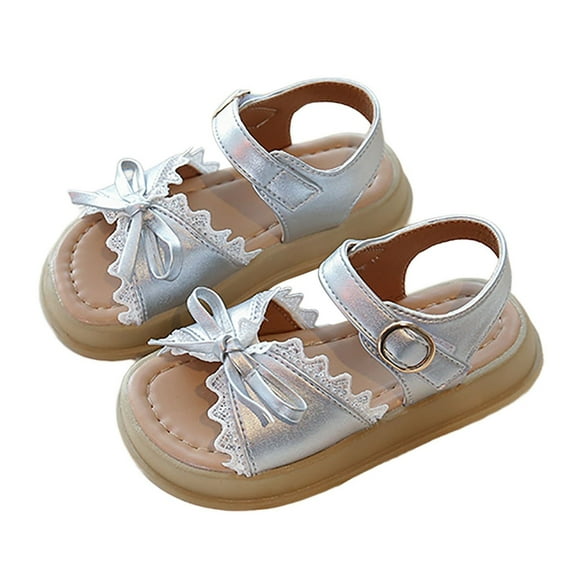ZHOGXU Toddler Girls Summer Sandals With Adjustable Straps Bowtie Design Open Toe Fashion Flat Shoes For Everyday Wear,Silver,1.5-2 Years