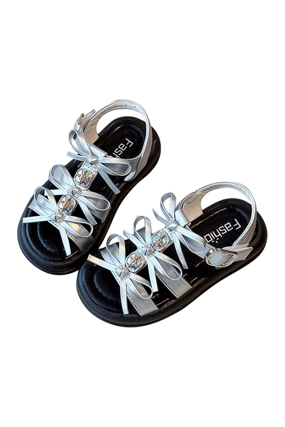 Toddler Girls Summer Sandals With Adjustable Straps Open Toe Bow Design Slip On Soft Fashion Flat Shoes For Everyday Wear,Silver,1-2 Years