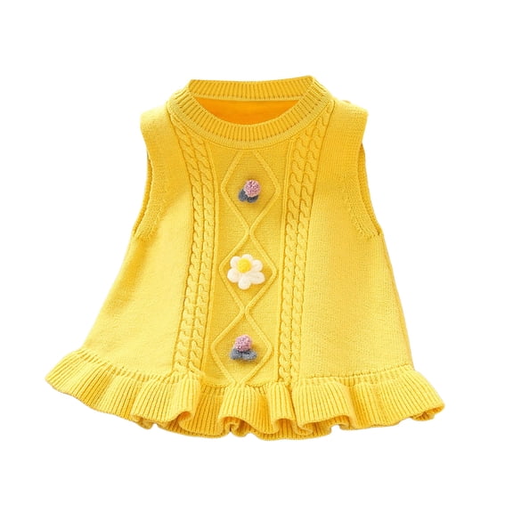 ZHOGXU Toddler Girls Sweater Sleeveless Round Neck Flower Design Soft Warm Stylish Knit Vest Top For Casual Daily Wear Yellow 18-24 Months