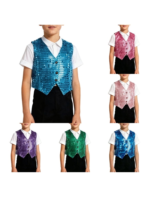 Toddler Kids Boys Dance Vest Shiny Glitter Sequin Sleeveless V Neck Buttons Comfortable Fashion Top For Stage Performance And Party,Bu1,2-3 Years
