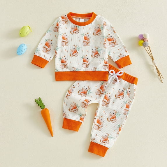 ZHOGXU Toddler Kids Girls Boys Outfit Long Sleeve Round Neck Easter Bunny Print Top And Pants Comfortable Cute Two Piece Sets For Casual Daily Wear,Orange,12-18 Months